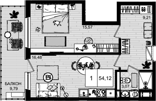 Планировка — ГК Корсаков, 2-комн., 44 м²