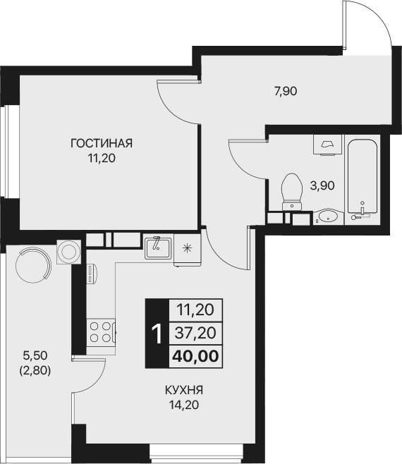 Планировка — Эстет, 1-комн., 37 м²
