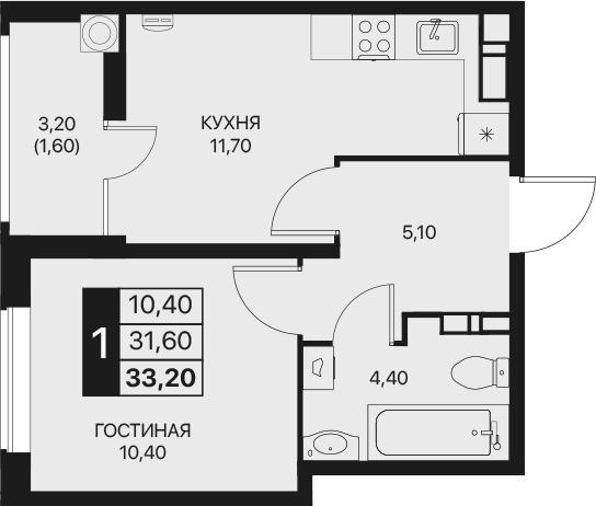 Планировка — Эстет, 1-комн., 32 м²
