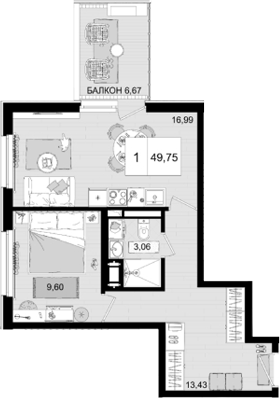 Планировка — ГК Корсаков, 2-комн., 43 м²