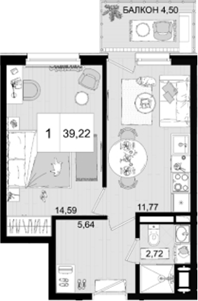 Планировка — ГК Корсаков, 1-комн., 35 м²