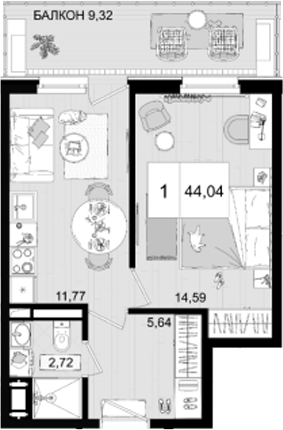 Планировка — ГК Корсаков, 1-комн., 35 м²