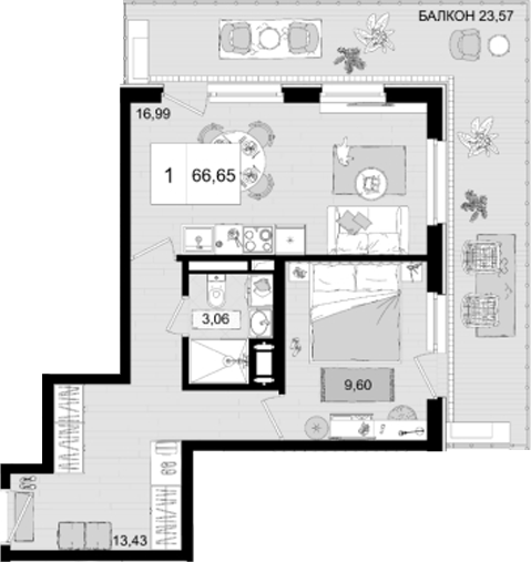 Планировка — ГК Корсаков, 2-комн., 43 м²