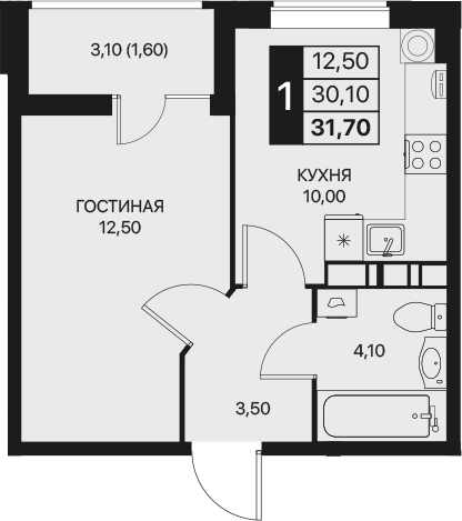 Планировка — Эстет, 1-комн., 30 м²