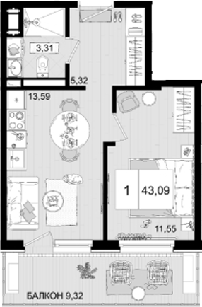 Планировка — ГК Корсаков, 1-комн., 34 м²