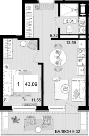 Планировка — ГК Корсаков, 1-комн., 34 м²