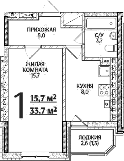 Планировка — Речной Жемчуг, 1-комн., 32 м²