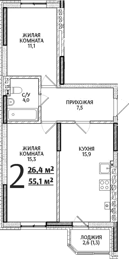 Планировка — Речной Жемчуг, 2-комн., 54 м²
