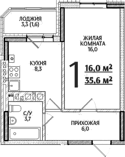 Планировка — Речной Жемчуг, 1-комн., 34 м²