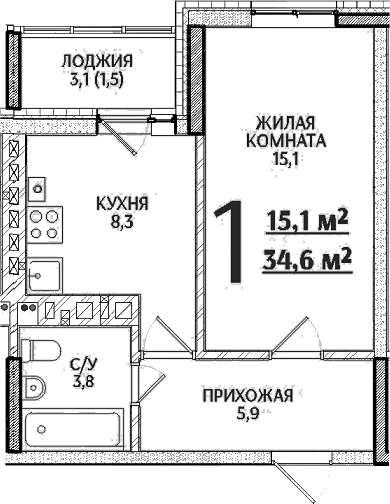 Планировка — Речной Жемчуг, 1-комн., 33 м²