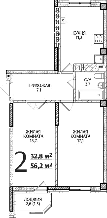 Планировка — Речной Жемчуг, 2-комн., 55 м²