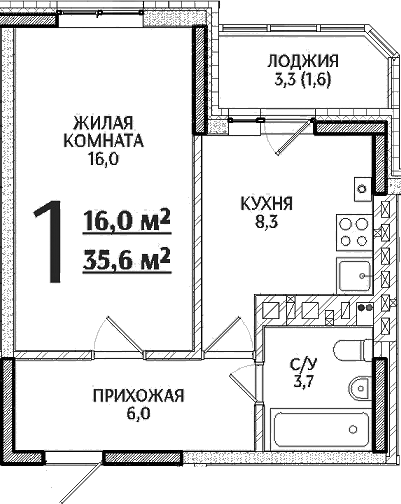 Планировка — Речной Жемчуг, 1-комн., 34 м²