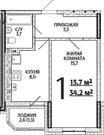 Планировка — Речной Жемчуг, 1-комн., 33 м²