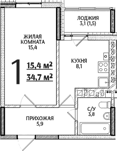 Планировка — Речной Жемчуг, 1-комн., 33 м²