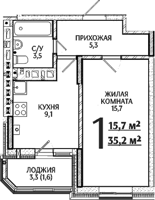 Планировка — Речной Жемчуг, 1-комн., 34 м²