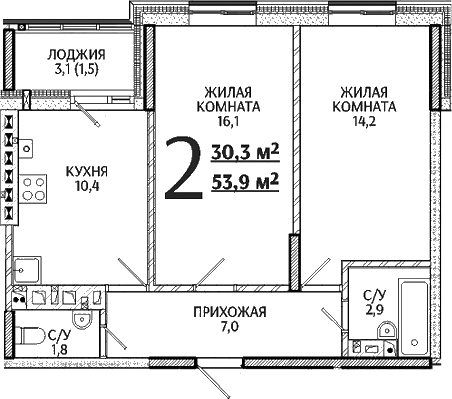 Планировка — Речной Жемчуг, 2-комн., 52 м²