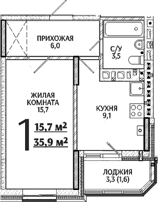 Планировка — Речной Жемчуг, 1-комн., 34 м²