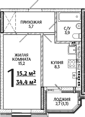 Планировка — Речной Жемчуг, 1-комн., 33 м²