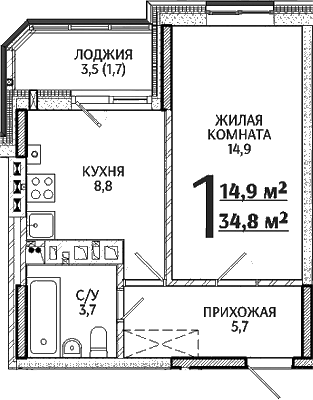 Планировка — Речной Жемчуг, 1-комн., 33 м²