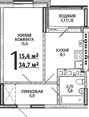 Планировка — Речной Жемчуг, 1-комн., 33 м²