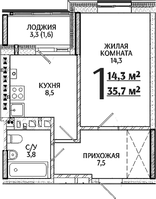 Планировка — Речной Жемчуг, 1-комн., 34 м²