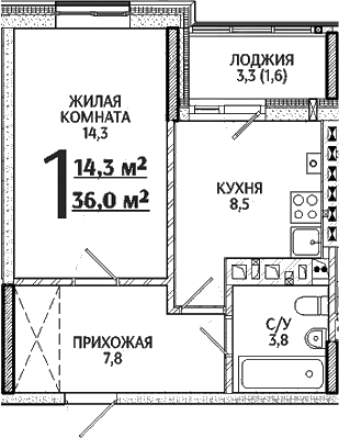 Планировка — Речной Жемчуг, 1-комн., 34 м²