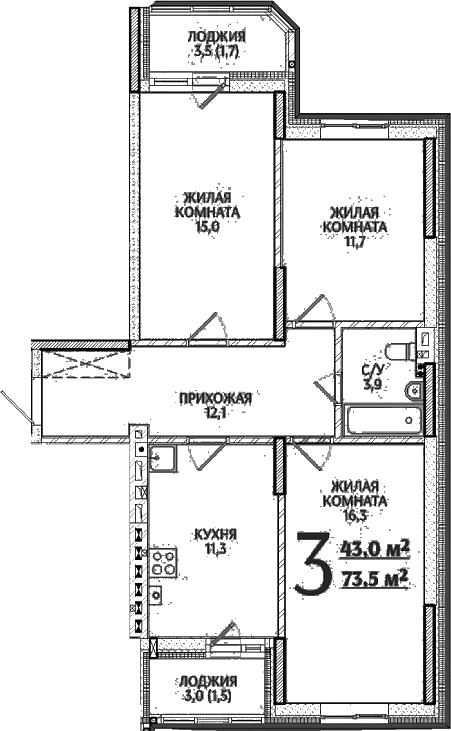 Планировка — Речной Жемчуг, 3-комн., 70 м²