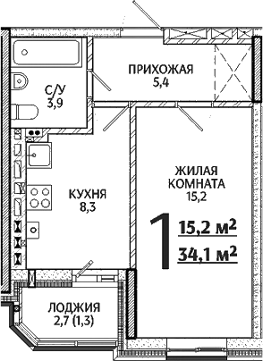 Планировка — Речной Жемчуг, 1-комн., 33 м²