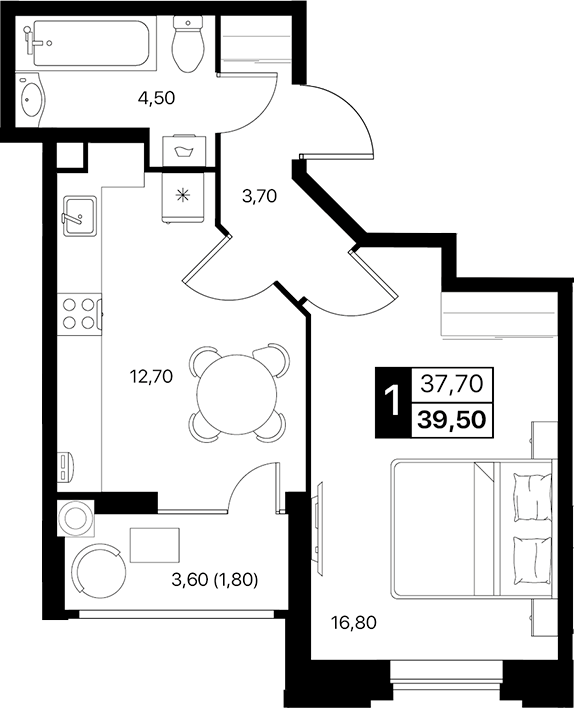 Планировка — Эстет, 1-комн., 38 м²