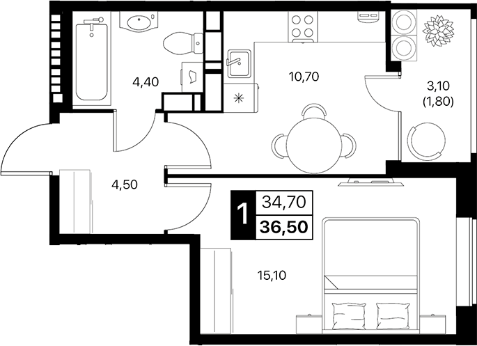 Планировка — Эстет, 1-комн., 35 м²