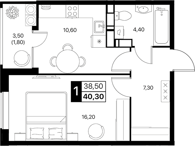 Планировка — Эстет, 1-комн., 39 м²