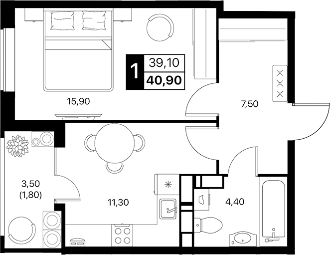 Планировка — Эстет, 1-комн., 39 м²