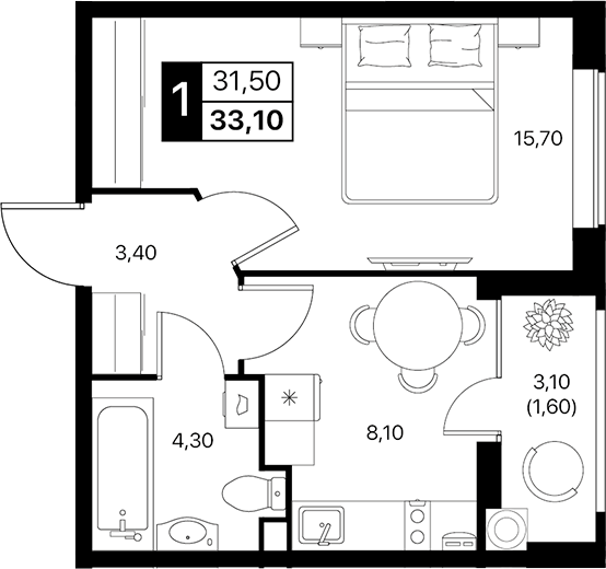 Планировка — Эстет, 1-комн., 32 м²