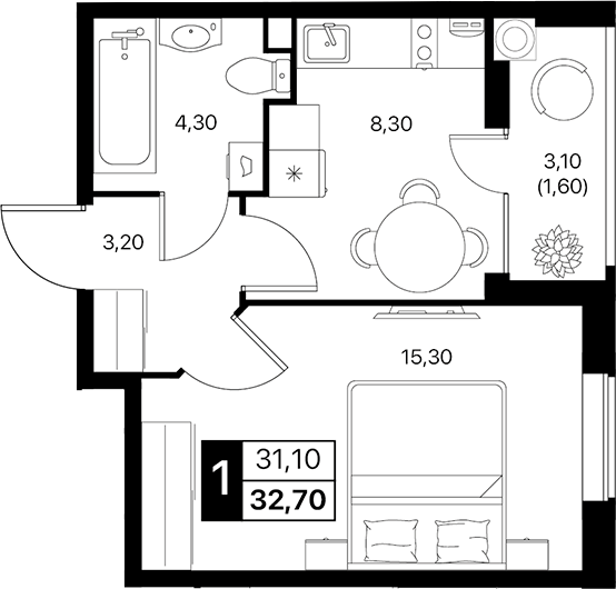 Планировка — Эстет, 1-комн., 31 м²