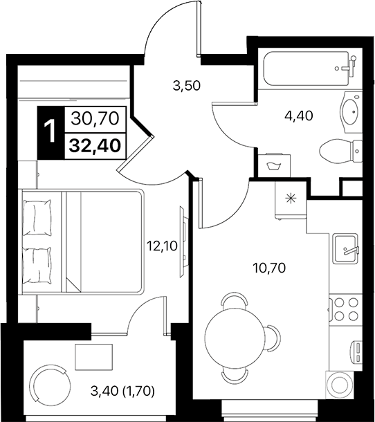 Планировка — Эстет, 1-комн., 31 м²