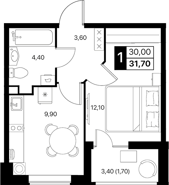 Планировка — Эстет, 1-комн., 30 м²