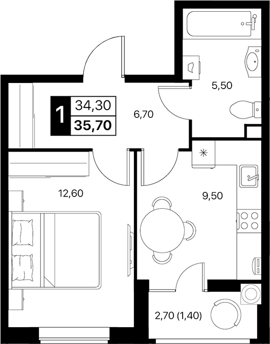 Планировка — Эстет, 1-комн., 34 м²