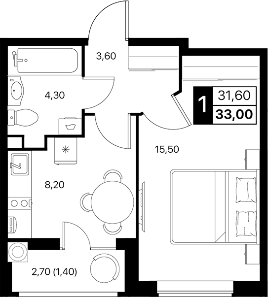 Планировка — Эстет, 1-комн., 32 м²