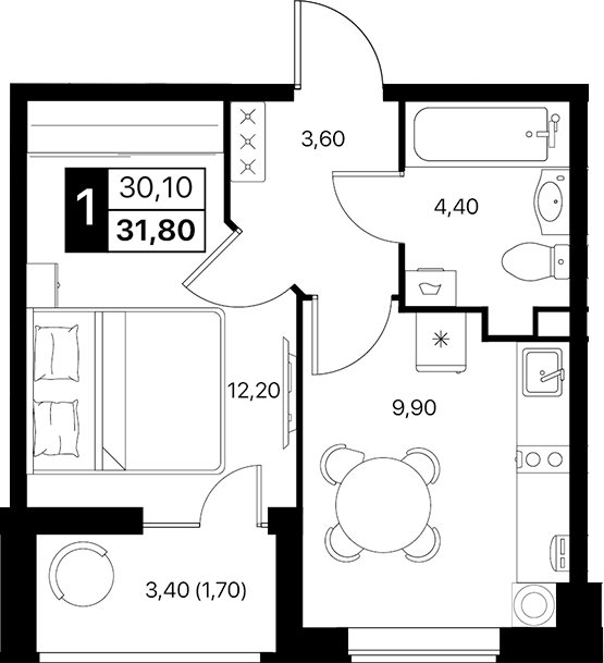 Планировка — Эстет, 1-комн., 30 м²