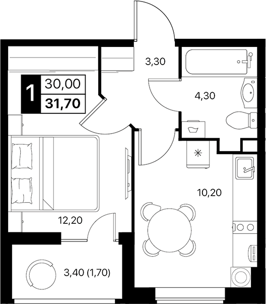 Планировка — Эстет, 1-комн., 30 м²