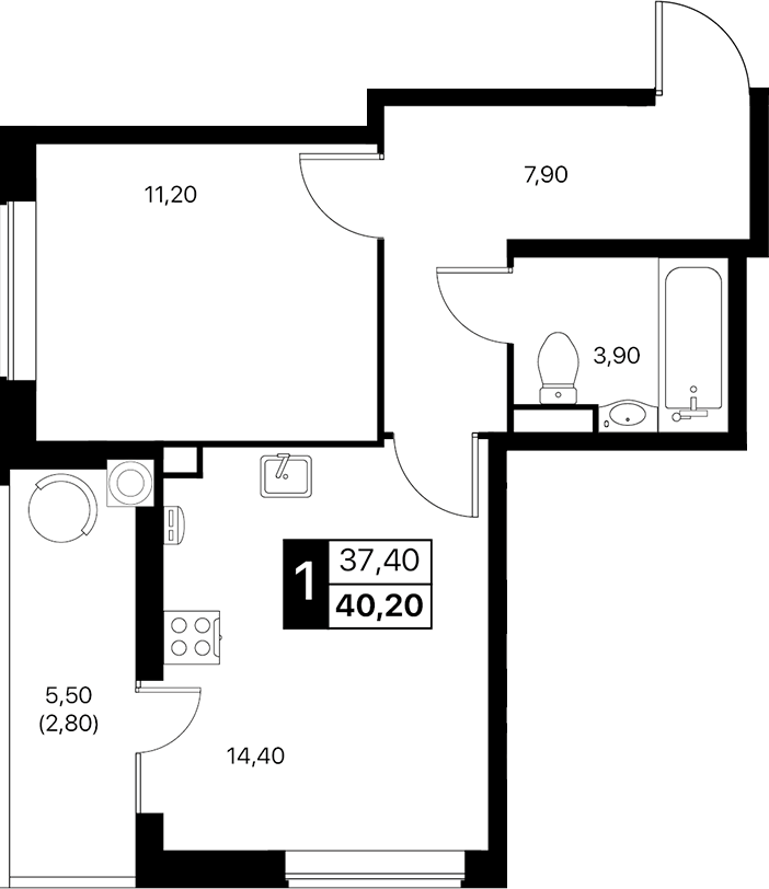 Планировка — Эстет, 1-комн., 37 м²