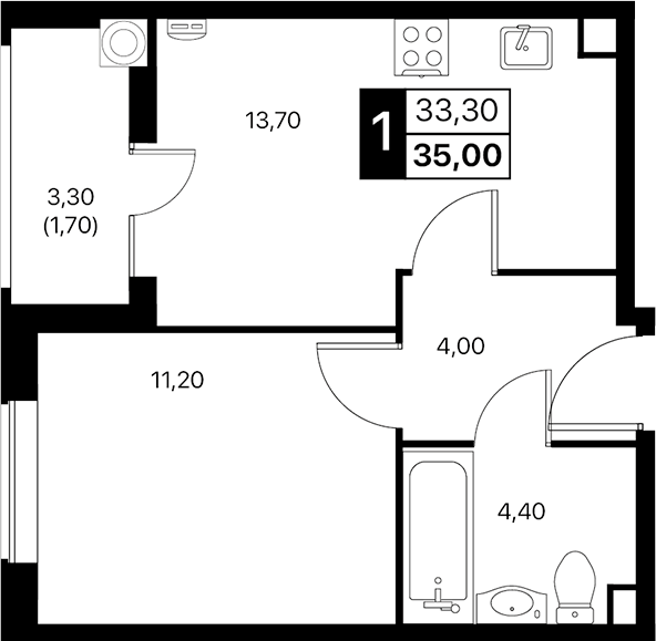 Планировка — Эстет, 1-комн., 33 м²