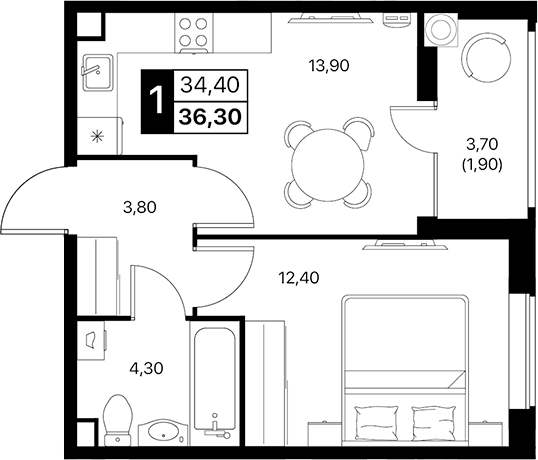 Планировка — Эстет, 1-комн., 34 м²