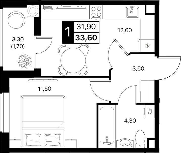Планировка — Эстет, 1-комн., 32 м²