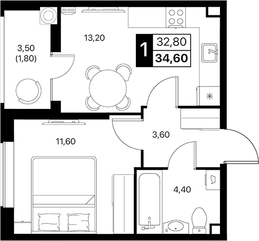 Планировка — Эстет, 1-комн., 33 м²