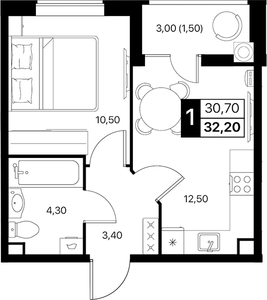 Планировка — Эстет, 1-комн., 31 м²