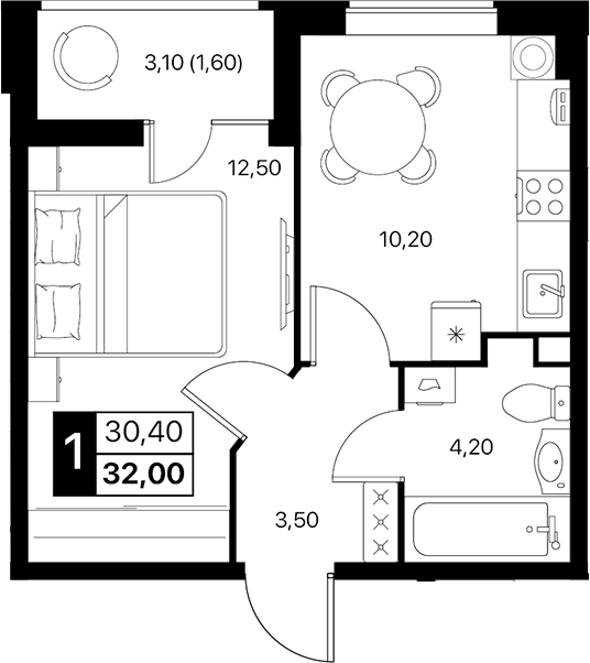 Планировка — Эстет, 1-комн., 30 м²