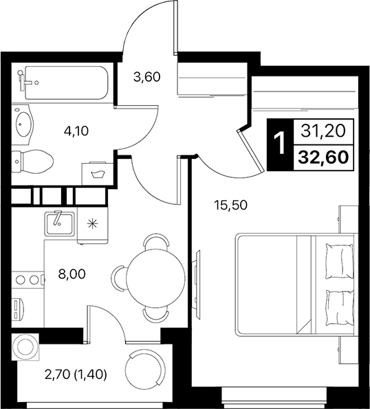 Планировка — Эстет, 1-комн., 31 м²
