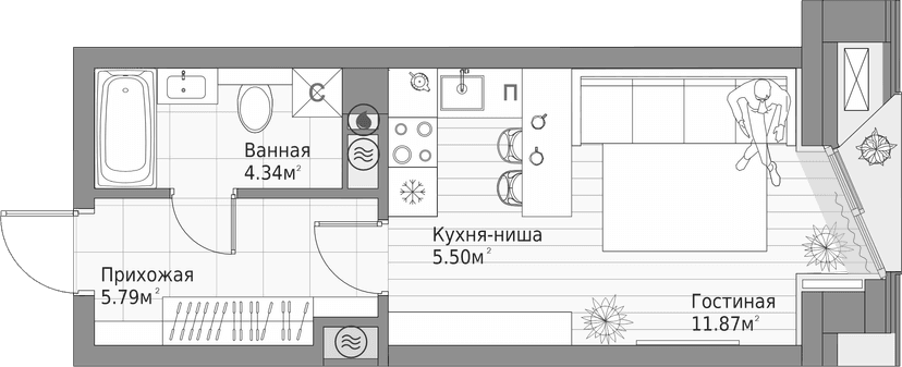 Планировка — Клубный дом Шаляпин XV, Студия, 28 м²