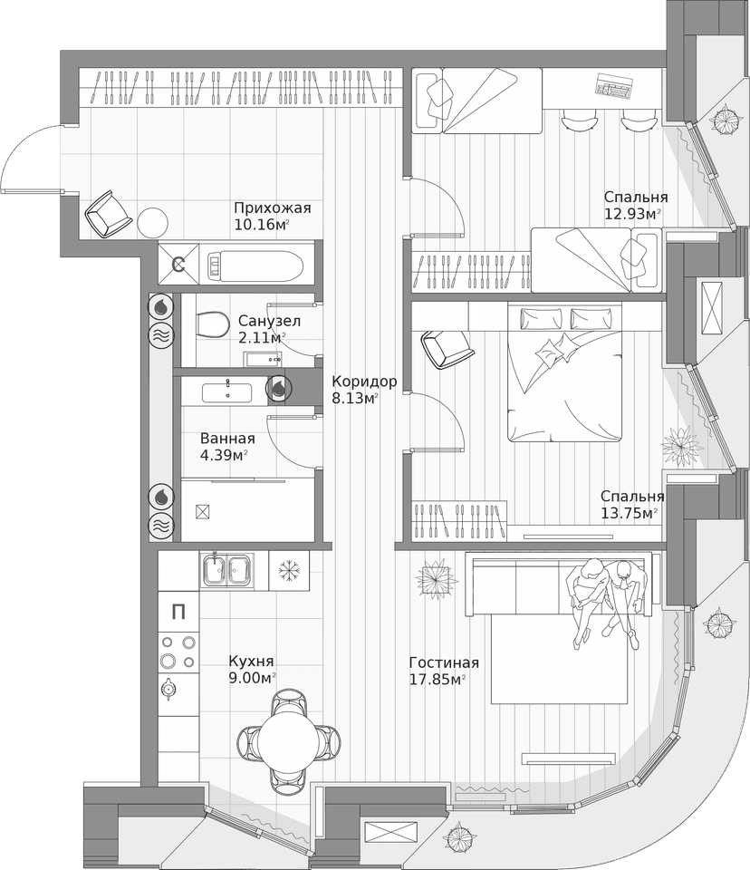 Планировка — Клубный дом Шаляпин XV, 2-комн., 78 м²
